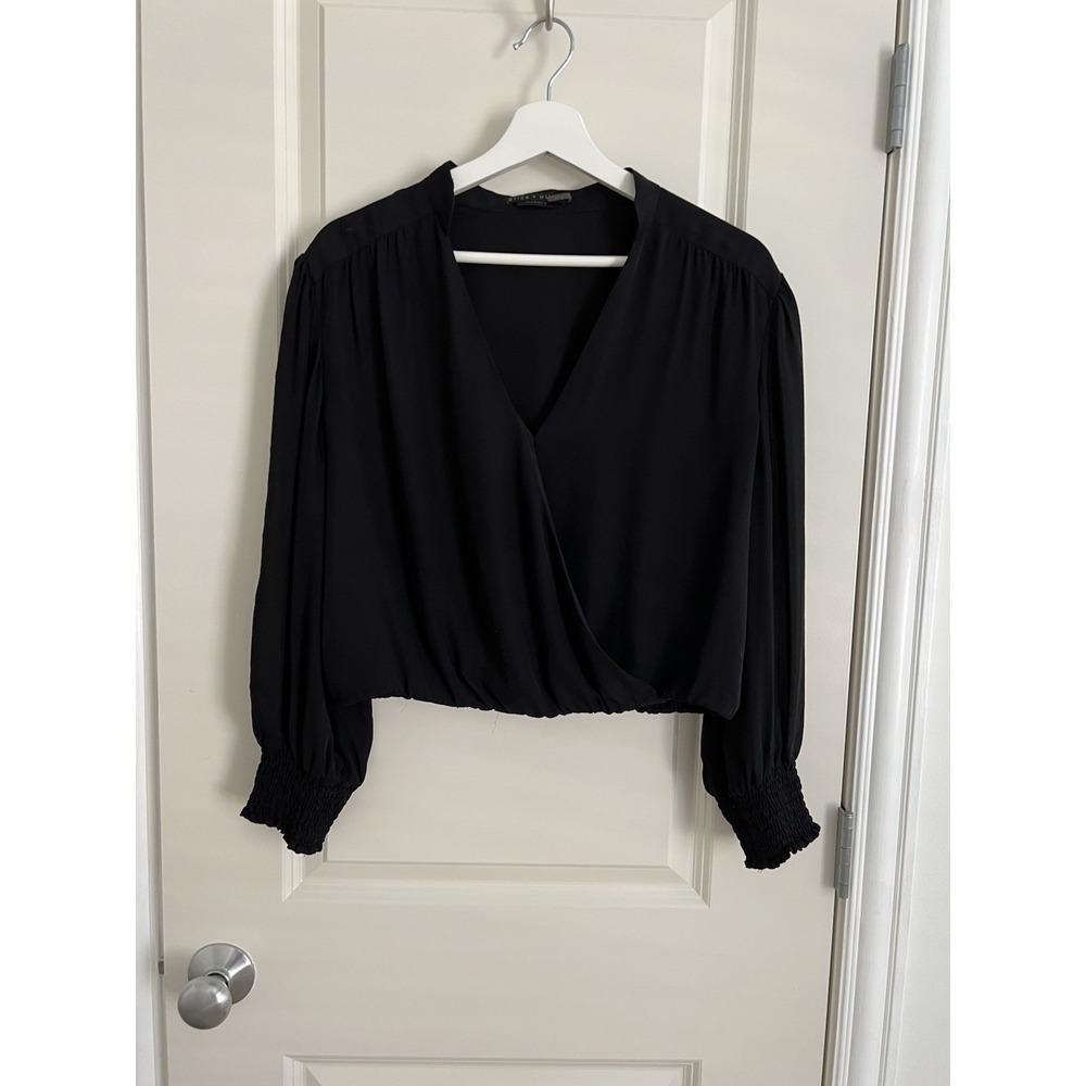 Alice + Olivia Classics Black Silk Faux Wrap Blouse Long Sleeve Top Size M